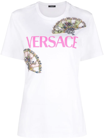 Versace I Ventagli Crystal Logo T-shirt, Female, White+print, 52
