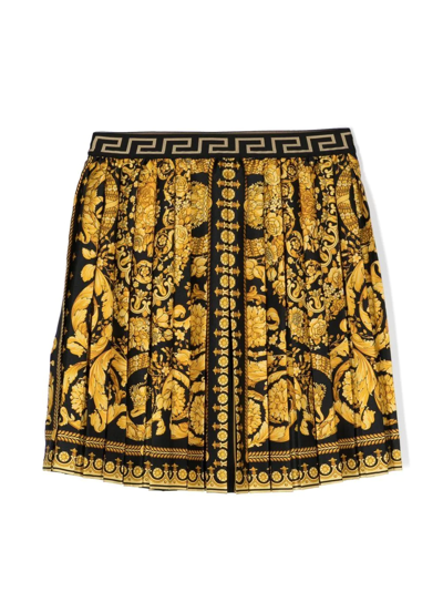 Versace Teen Yellow And Black Barocco Print Pleated Skirt