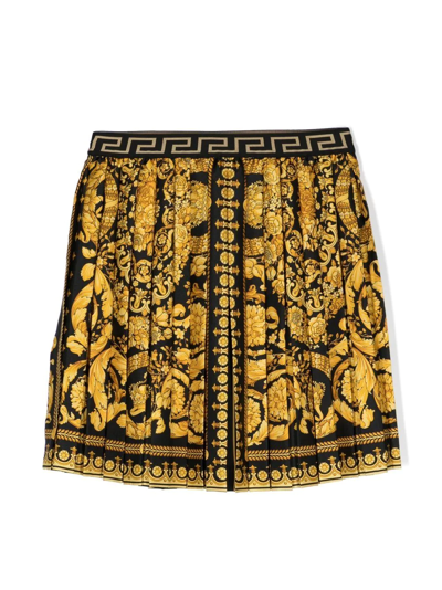 Versace Teen Yellow And Black Barocco Print Pleated Skirt In Gold