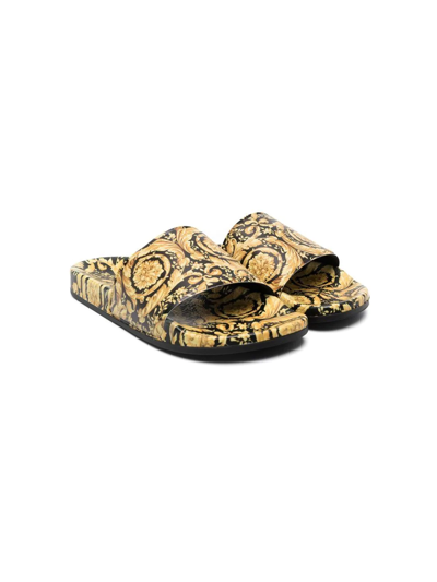 Versace Teen Barocco-print Pool Slides In Gold