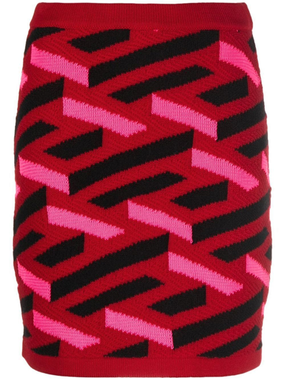 Versace Geometric Intarsia Knitted Skirt In Red