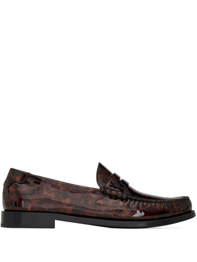 Saint Laurent Le Loafer Monogram Penny Slippers In Tortoiseshell Patent Leather In Brown