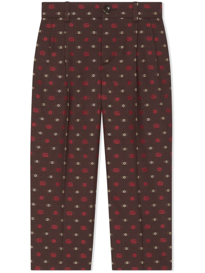 Gucci Kids' Double G Jacquard Cotton-wool Trousers In Brown