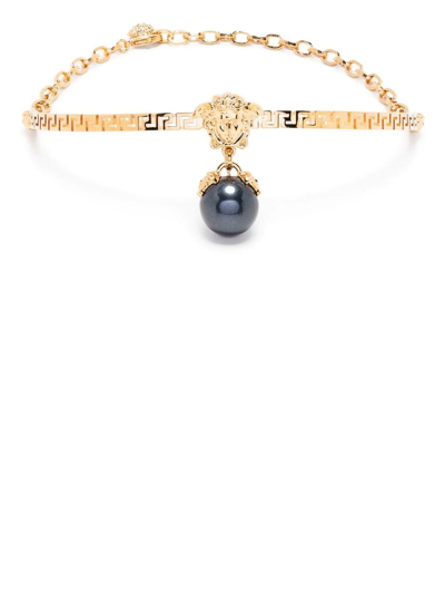 Versace Faux Pearl-embellished Choker Necklace In Gold