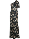 Sachin & Babi Aubrey One-shoulder Floral Satin Charmeuse Body-con Gown In Black