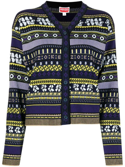 Kenzo Patterned-jacquard Cotton-blend Cardigan In Midnight Blue