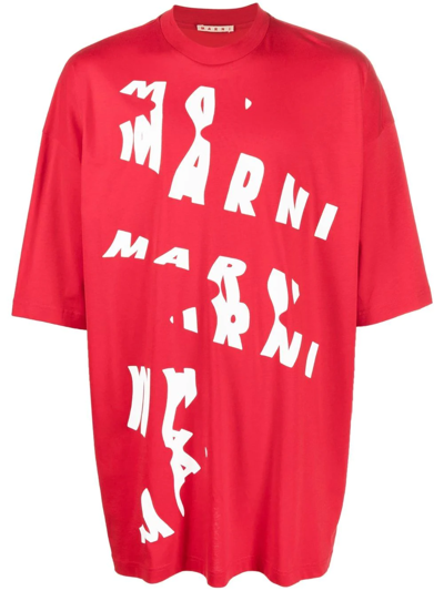 Marni Printed Oversized Logo T-shirt In Crimson