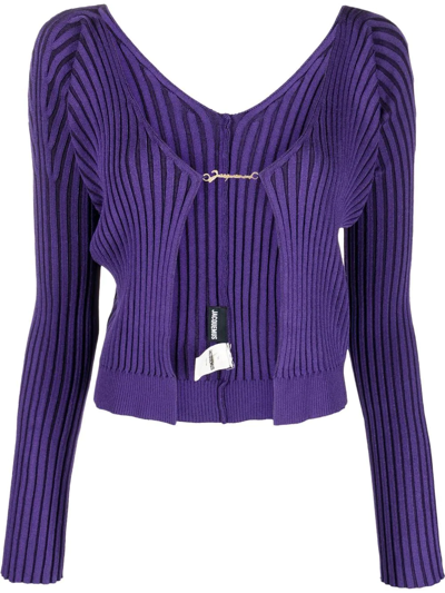 Jacquemus Logo Plaque Long-sleeved Cardigan In Purple