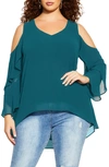 City Chic Trendy Plus Size High Low Cold Shoulder Top In Jade