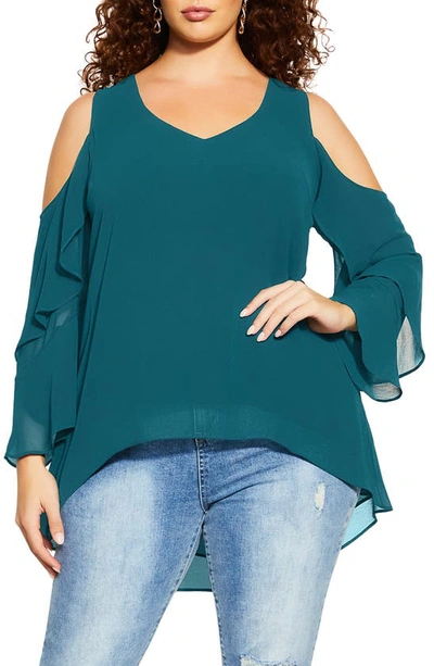 City Chic Trendy Plus Size High Low Cold Shoulder Top In Jade