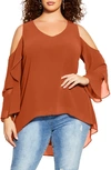 City Chic High-low Cold Shoulder Chiffon Tunic In Ginger