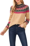 Cece Fair Isle Funnel Neck Sweater In Latte Heather