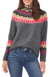 Cece Fair Isle Funnel Neck Sweater In Medium Heather Grey