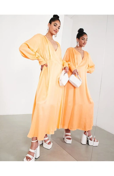 Asos Design Satin Wrap Front Maxi Dress In Marigold-orange