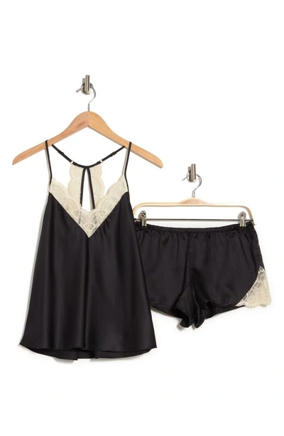 Flora By Flora Nikrooz Kit Lace Trim Satin Camisole & Shorts 2-piece Pajama Set In Black