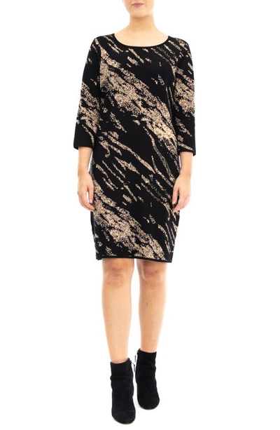 Nina Leonard Marbled Scoop Neck Dress In Black/ Bronze