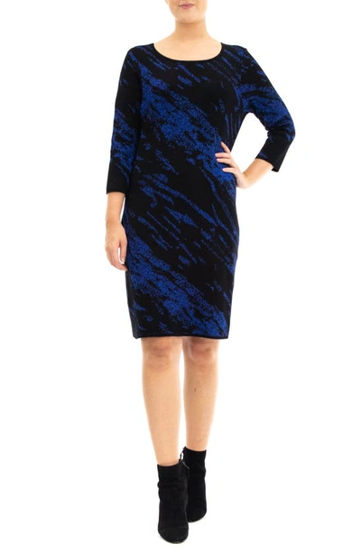 Nina Leonard Marbled Scoop Neck Dress In Black/ Deep Sapphire