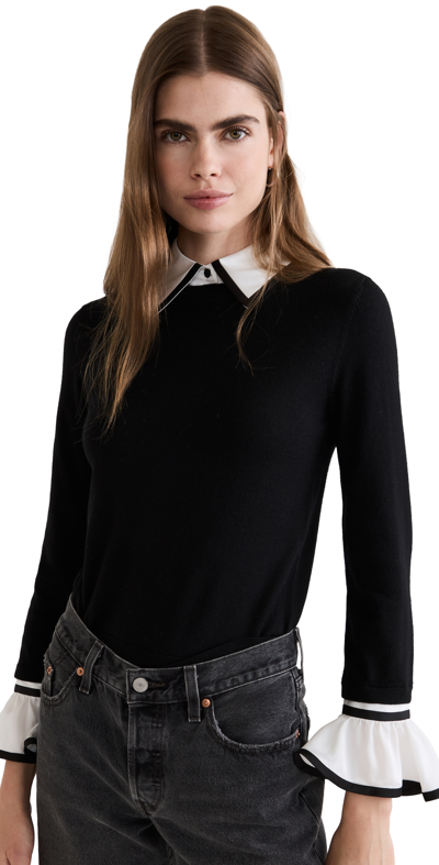 Alice And Olivia Justina Woven Combo Long-sleeve Pullover In Black