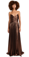 Retroféte Retrofete Waldorf Strapless Metallic Ruched Side-slit A-line Gown In Brown