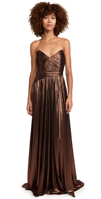 Retroféte Retrofete Waldorf Strapless Metallic Ruched Side-slit A-line Gown In Coffee Bean