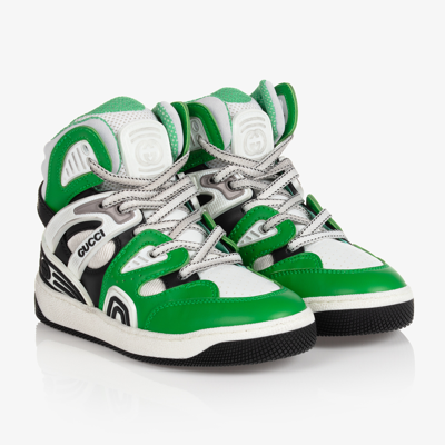 Gucci Kids' Basket High-top Faux-leather Trainers 4-9 Years In Green