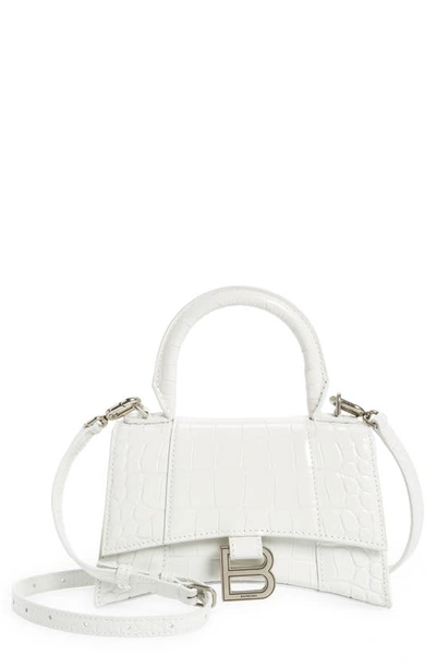 Balenciaga Extra Small Hourglass Croc Embossed Leather Top Handle Bag In White