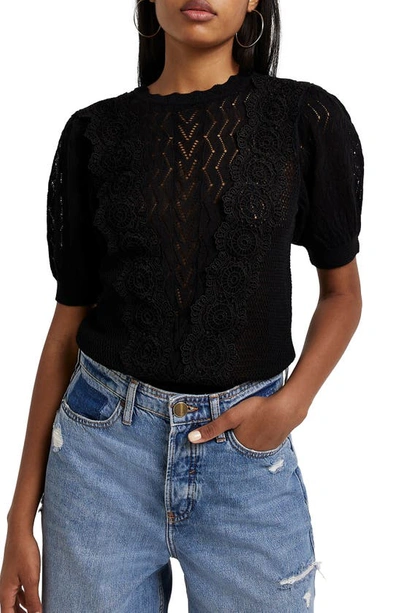 River Island Lace Trim Pointelle Cotton Blend Sweater In Black