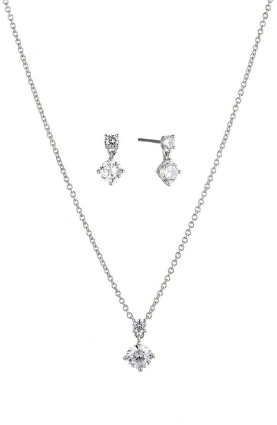 Nadri Bridesmaids Drop Earrings & Pendant Necklace Solitaire Set In Silver