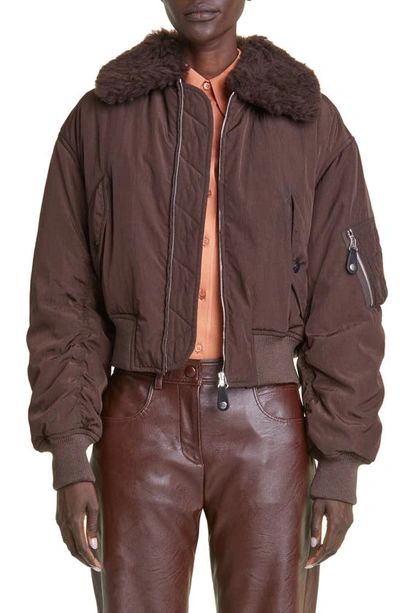 Stella Mccartney Recycled Nylon Bomber Jacket With Faux Fur Collar In Brown