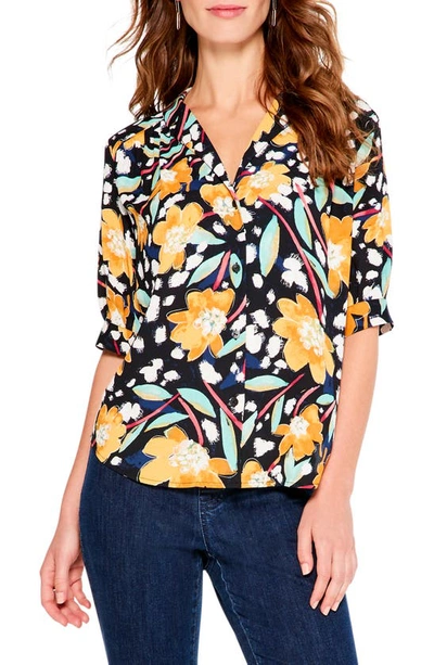 Nic + Zoe Flower Burst Floral-print Button-down Shirt In Black