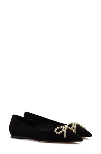 Larroude Lee Crystal Bow Suede Flats In Black