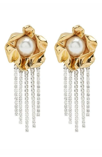 Sterling King Gold Tone Titania Faux Pearl Crystal Fringe Earrings