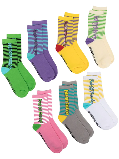 Natasha Zinko Striped Slogan Socks Pack Of Seven In Multicolour