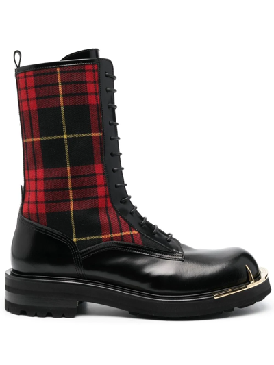 Roberto Cavalli Plaid Panel Combat Boots In Black