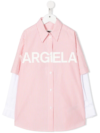 Mm6 Maison Margiela Kids' Logo-print Striped Shirtdress In Pink