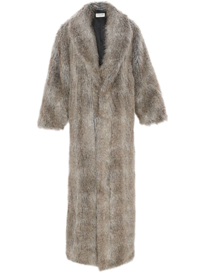 Saint Laurent Oversized Faux-fur Long Coat In Gris Chine