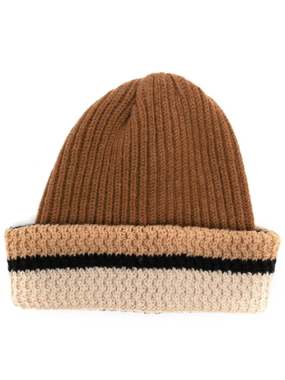 Pringle Of Scotland Colour-block Ribbed-knit Beanie In Brown