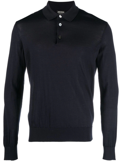 Zegna Lightweight Long-sleeve Knitted Polo Shirt In Blue