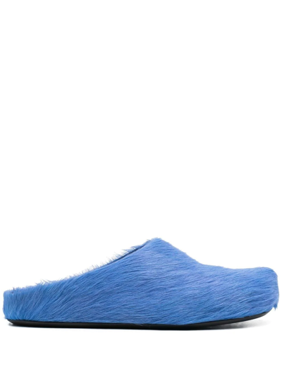 Marni Long Hair Leather Fussbett Sabot Loafers In Light Blue