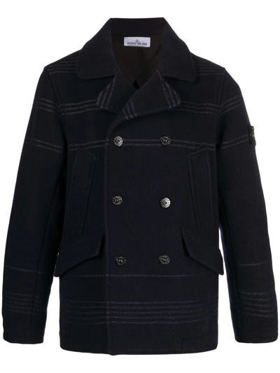 Stone Island Compass Badge Double-breasted Coat In Blue