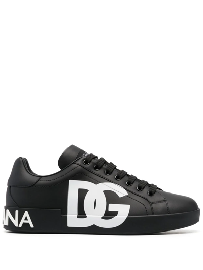 Dolce & Gabbana Calfskin Nappa Portofino Sneakers With Dg Logo Print In Black