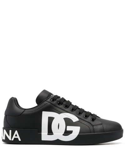 Dolce & Gabbana Calfskin Nappa Portofino Trainers With Dg Logo Print In Black