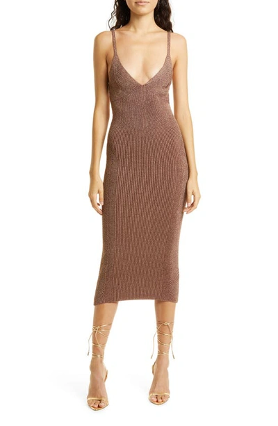 Retroféte Amster Sparkle Ribbed Midi Sweater Dress In Metallic Cognac