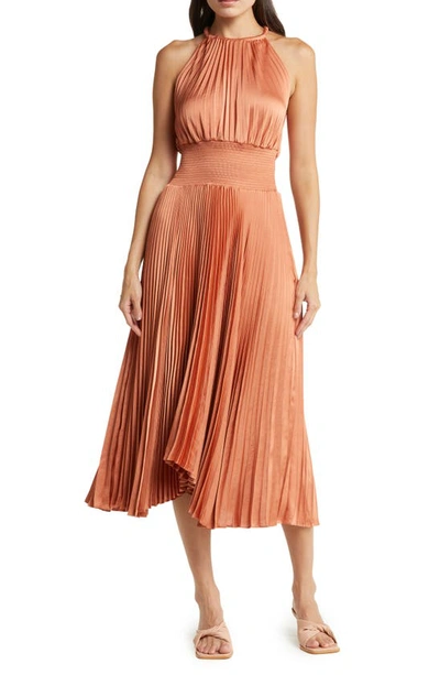 A.l.c Renzo Ii Asymmetric Pleated Midi-dress In Burnt Terracotta