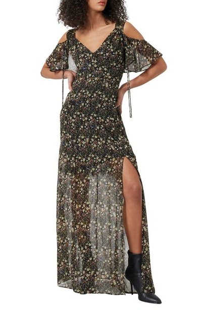French Connection Hallie Floral Cold Shoulder Crinkle Maxi Dress In Black Multi