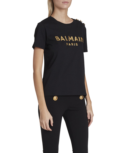 Balmain Button-embellished Metallic Logo T-shirt In Black Gold