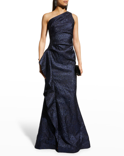 Rickie Freeman For Teri Jon One-shoulder Jacquard Side-ruffle Gown In Black / Blue