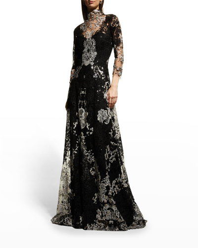 Naeem Khan Mock-neck Sequin Embroidered Gown In Black / Silver
