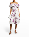 Giambattista Valli Butterfly Floral-print Ruffle Off-the-shoulder Midi Dress In White / Red