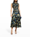 Jason Wu Collection Blur Iris Floral Pleated Chiffon Midi Dress In Black / Yellow
